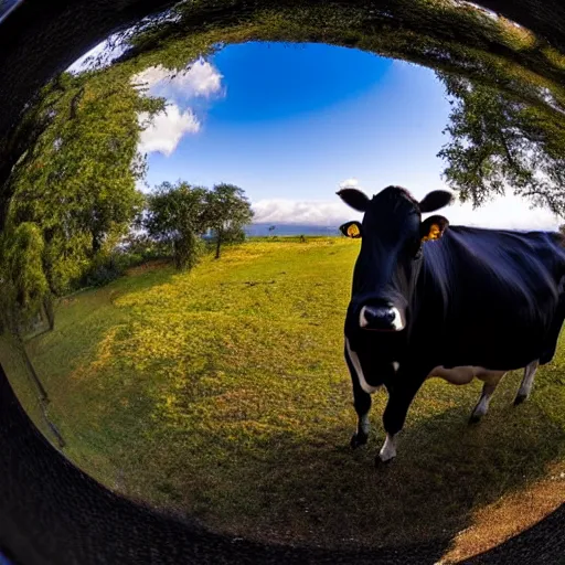 Image similar to a photo of a cow, taken with a fisheye lens
