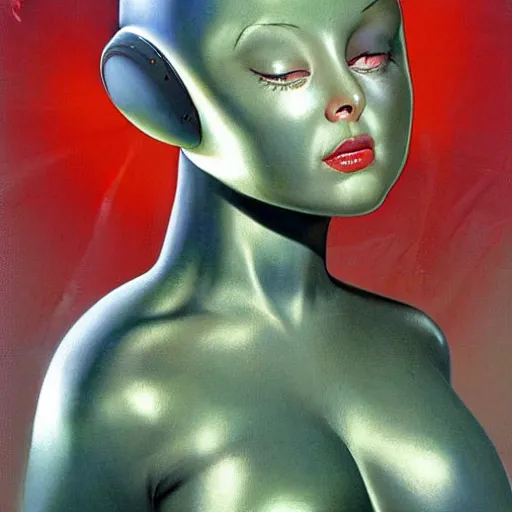 Image similar to beautiful Whitley Streiber Roswell grey alien female babe in a tight fitting silver metallic bikini spacesuit, , big pear-shaped head, green skinned, big black almond shaped alien eyes by Mort Kunstler and Gil Elvgren