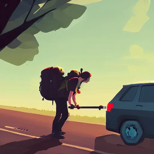 Prompt: hiker unloading the car before camping, style by atey ghailan