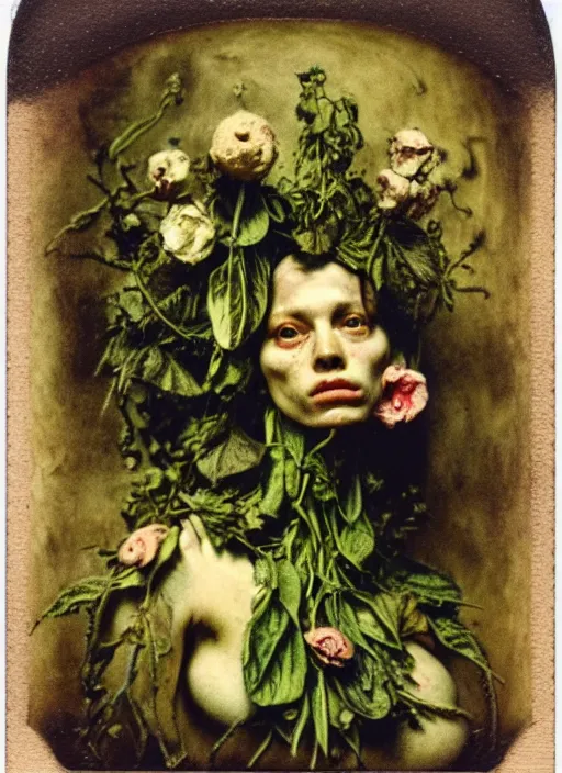 Image similar to beautiful and detailed rotten woman made of plants and many different types of flowers, muscles, intricate, organs, ornate, surreal, john constable, guy denning, gustave courbet, caravaggio, romero ressendi 1 9 1 0 polaroid photo