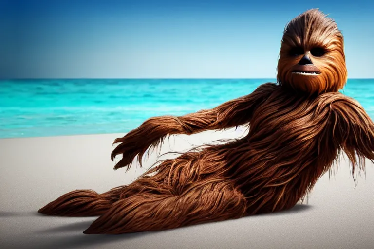 Prompt: Chewbacca wearing a bikini lounging on a beach, fashion photography, studio lighting, super resolution, Star Wars, Wookie, hyper realistic, trending on artstation, artstationHD, artstationHQ, 4k, 8k