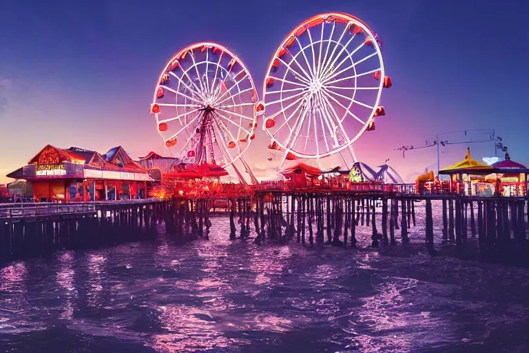 Prompt: Digital Matte Illustration of a beautiful dark Galveston Pleasure Pier night with ferris wheel, roller coaster and lighted swing, in the style of Alena Aenami