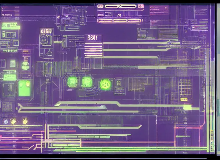 Image similar to simple cyberpunk graphics user interface ( gui ) depicting operational controls of a mech robot in the style of ghost in the shell. design by mark coleran or jayse hansen ( 1 9 9 1 )