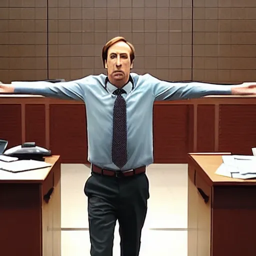 Prompt: saul goodman doing t - pose in courtroom to intimidate prosector