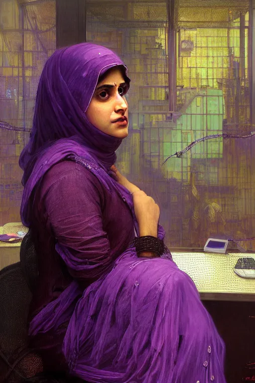 Image similar to hyperrealist portrait of a young hyderabadi muslim american woman wearing a purple niqab, it is decorated with long wires and computer monitors are all over their body within the cyberpunk office background. by jeremy mann and alphonse mucha, fantasy art, photo realistic, dynamic lighting, artstation, poster, volumetric lighting, very detailed faces, 8 k, award winning
