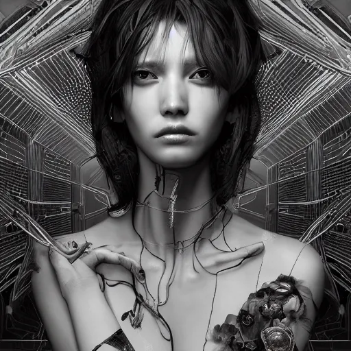 Image similar to the portrait of an absurdly beautiful, graceful, sophisticated, fashionable cyberpunk gravure idol, an ultrafine hyperdetailed illustration by kim jung gi, irakli nadar, matt wisniewski, intricate linework, silvrr wiring, porcelain skin, unreal engine 5 highly rendered, global illumination, radiant light, detailed and intricate environment