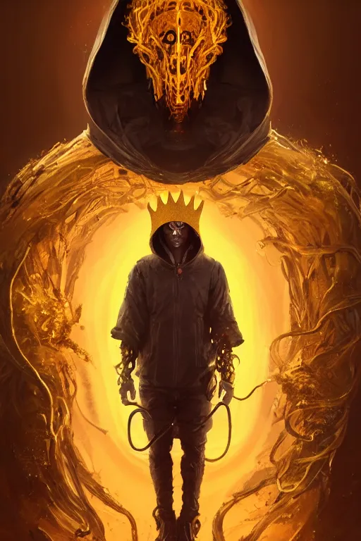 Image similar to A full body portrait of a mysterious character with an eye for a face with a very long hooded yellow cloak, a golden crown floating above his head tentacles coming out the ground art by Maciej Kuciara and Jason Chan, ominous, cosmic horror, trending on artstation, Ultra detailed, hyper realistic 4k