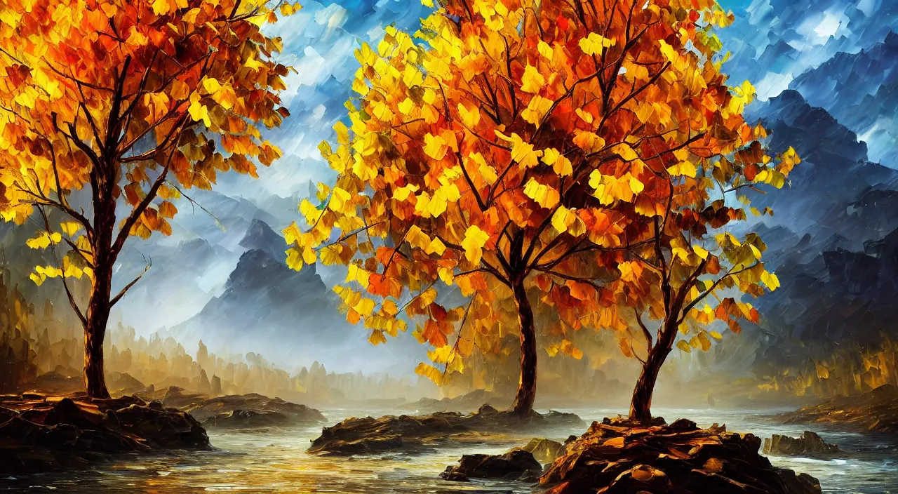 Image similar to A highly detailed matte oil painting by Afremov and Greg Rutkowski of a very tall tree with lots of golden leaves growing on a pile of rocks in the middle of a river of pure gold.