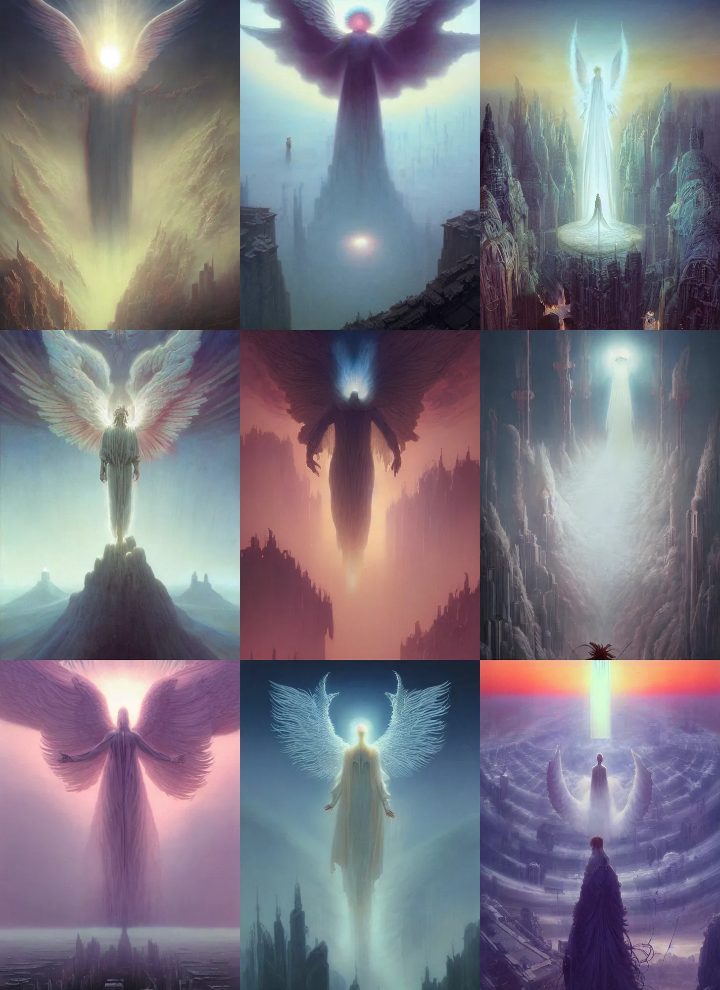 Image similar to giant white glowing angel rising above foggy city by wayne barlowe, wes anderson, roger dean, mikalojus konstantinas ciurlionis and wadim kashin, rich moody colours, 90-s anime, ethereal, lo-fi retro videogame