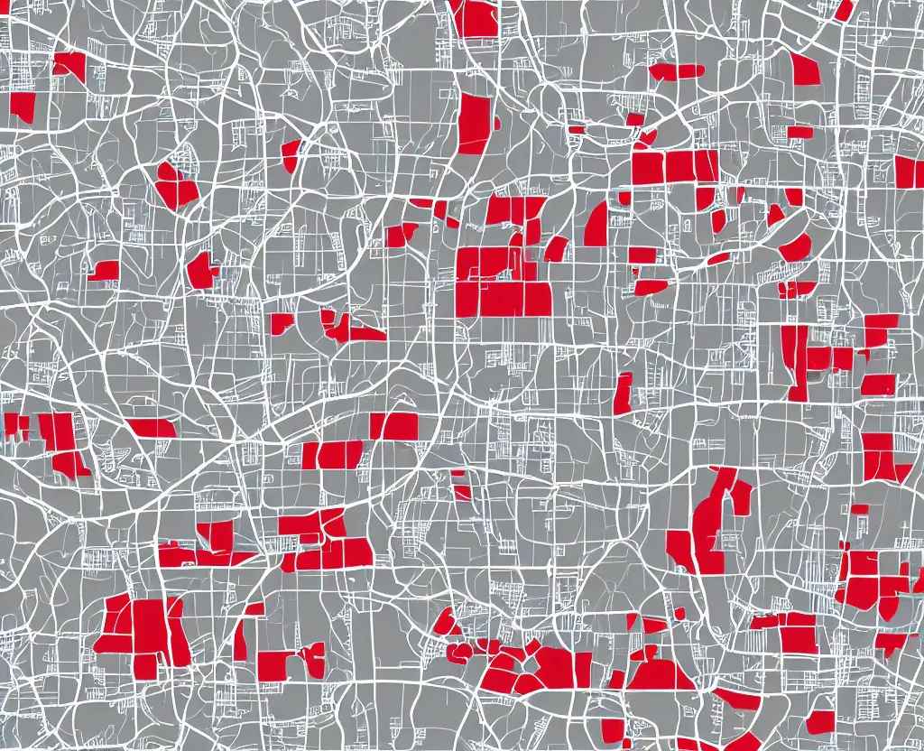 Prompt: Muted White on Grey Vector map of a large city with numerous tiny red bench icons marked, vector graphics, highly detailed