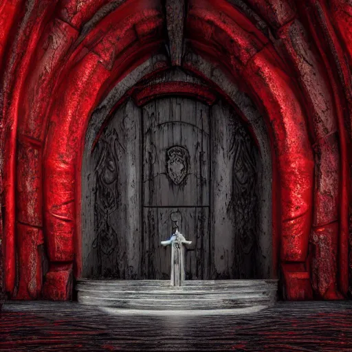 Image similar to hyper realistic photography of an archangel in front of hell's gate. complex architecture, blood drops on the walls. dark background. high details, trending on artstation