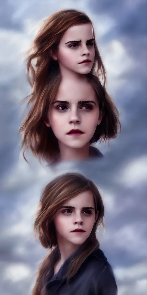 Prompt: emma watson by wlop. artstation contest winner, cinematic paint. lower shot. dramatic cloud in background.