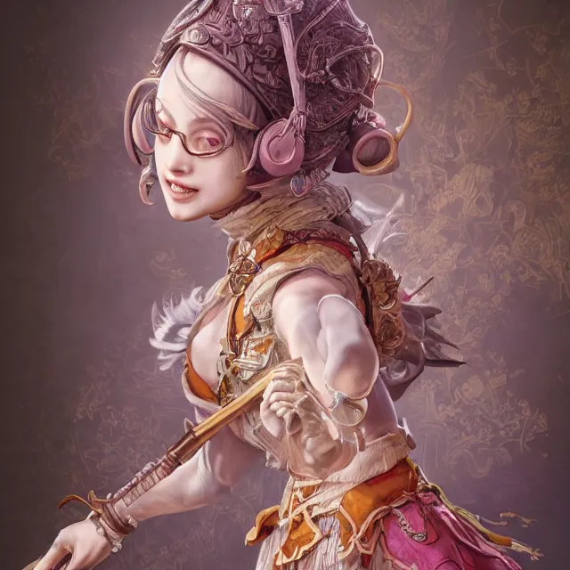 Image similar to studio portrait of neutral good colorful female cleric bard healer as absurdly beautiful, elegant, young skinny gravure idol, ultrafine hyperdetailed face illustration by kim jung gi, irakli nadar, intricate linework, sharp focus, bright colors, octopath traveler, final fantasy, unreal engine highly rendered, global illumination, radiant light, detailed and intricate environment