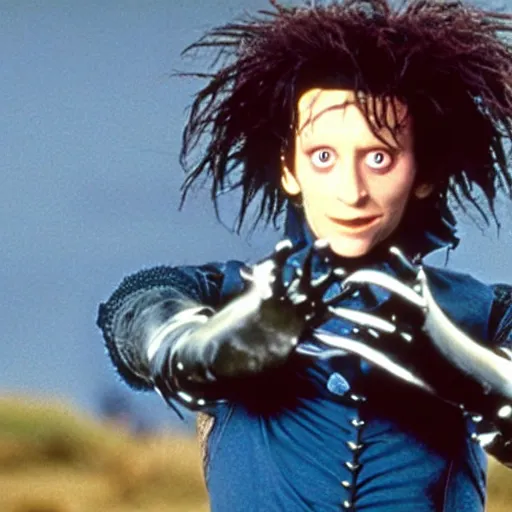 Prompt: a still of Edward ForkHands, in the film Edward Scissorhands