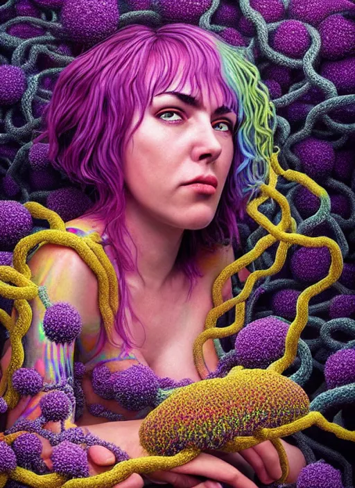 Image similar to hyper detailed 3d render like a Oil painting - Ramona Flowers with wavy black hair wearing thick mascara seen out Eating of the Strangling network of colorful yellowcake and aerochrome and milky Fruit and Her staring intensely delicate Hands hold of gossamer polyp blossoms bring iridescent fungal flowers whose spores black the foolish stars by Jacek Yerka, Mariusz Lewandowski, silly playful fun face, Houdini algorithmic generative render, Abstract brush strokes, Masterpiece, Edward Hopper and James Gilleard, Zdzislaw Beksinski, Mark Ryden, Wolfgang Lettl, Dan Hiller, hints of Yayoi Kasuma, octane render, 8k