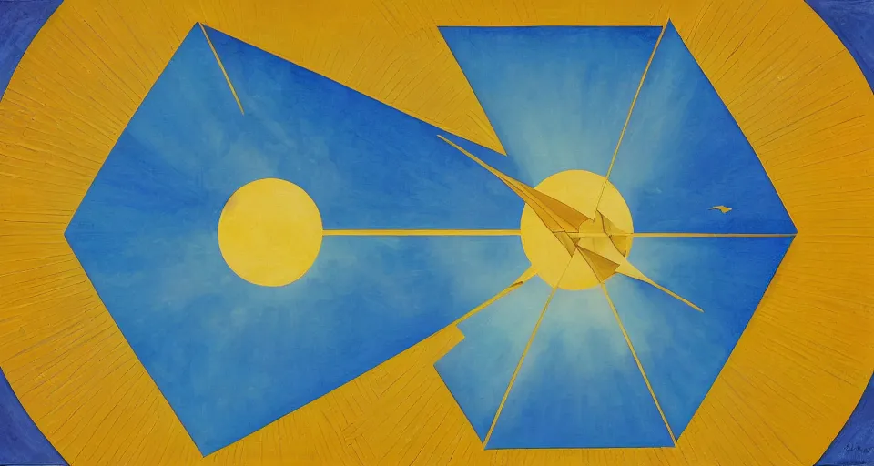 Image similar to solar sail in the shape of a hexagon between the sun and earth, art deco painting