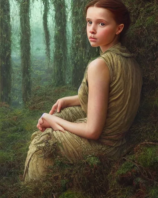 Prompt: a well - lit, realistic portrait oil painting of a thoughtful girl resembling a young, shy, redheaded irish alicia vikander or millie bobby brown in moss - covered ancient stone ruins at sunset, highly detailed, intricate, concept art, artstation, by donato giancola, ron cobb, and artgerm