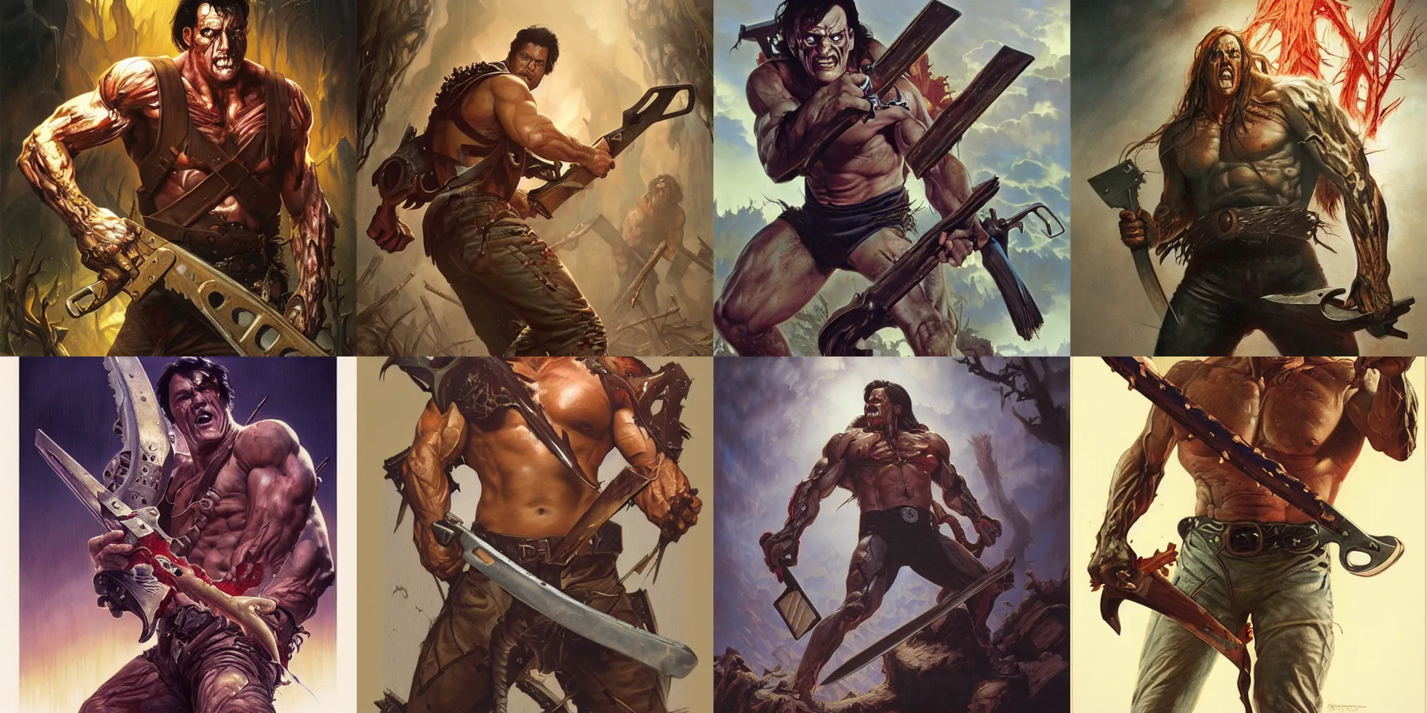 Prompt: The evil dead, manowar album cover, portrait of very muscular man, holding a chainsaw, ripping demons to shreds, blood, artstation, concept art, smooth, sharp focus, highly detailed, illustration, art by artgerm and greg rutkowski and alphonse mucha