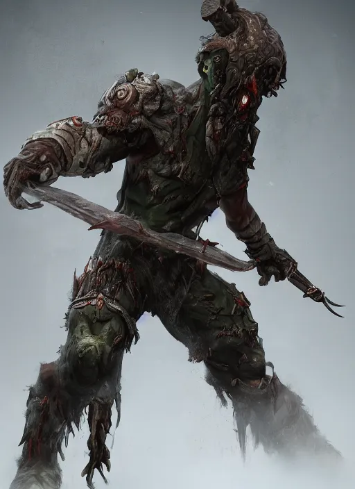 Image similar to а fantasy Proto-Slavic mythology, zombie slavic hero inspired blizzard games, full body, detailed and realistic, 4k, trending on artstation, octane render
