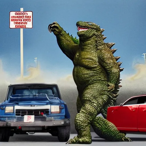 Image similar to godzilla vs obama in a wendy ’ s parking lot, photography, realistic, realism, photorealism, f 3. 5