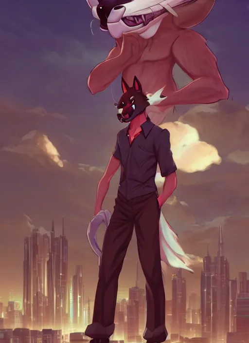 Image similar to character portrait of a male anthro Incineroar fursona with a furry body wearing a dress shirt and slacks in a futuristic city. Character design by charlie bowater, ross tran, artgerm, and makoto shinkai, detailed, inked, western comic book art