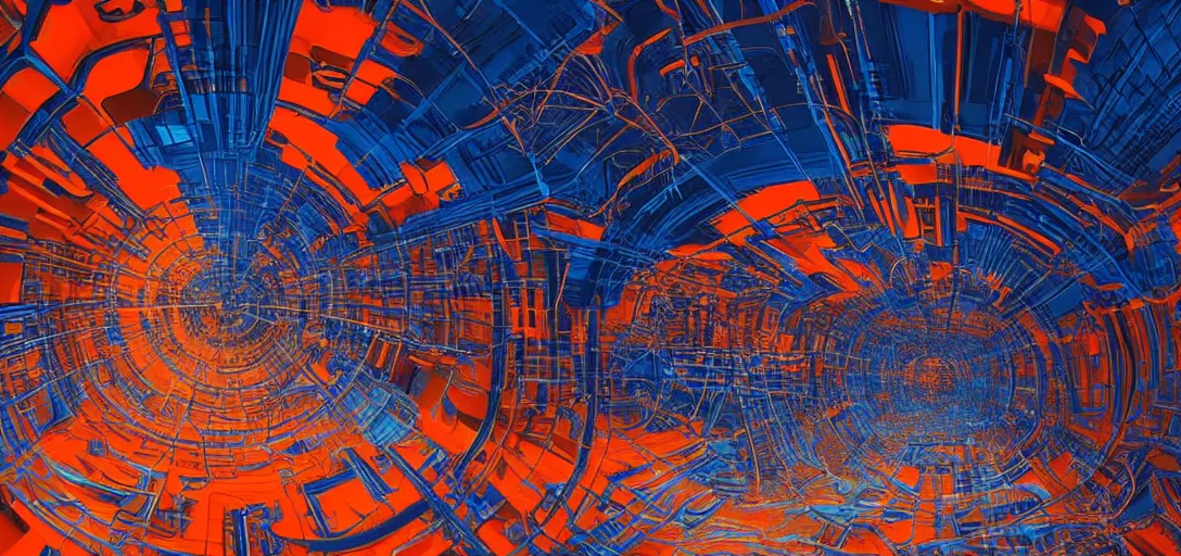 Image similar to sci - fi mothership interior or exteror - machinery, tubes wires path intricate matte painting masterpiece orange blue warm tones quiet