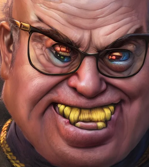 Prompt: An epic fantasy comic book style portrait painting of Danny DeVito, fisheye lens, unreal 5, DAZ, hyperrealistic, octane render, cosplay, RPG portrait, dynamic lighting