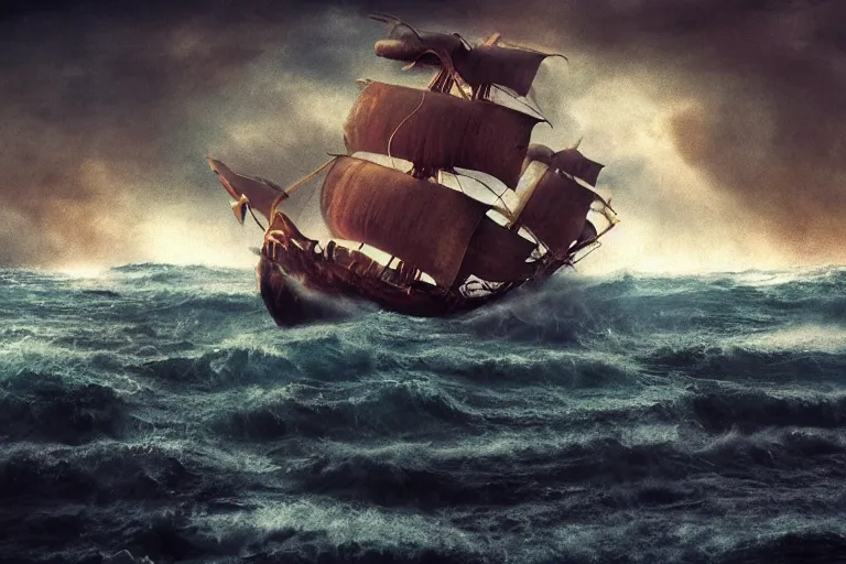 Image similar to epic pirate ship in a storm, in the style of vernon grant and chris van allsburg, trending on artstation, bright tilt - shift camcorder effect, photoshop, retrowave, hyperrealism,