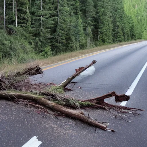 Image similar to fallen tree in highway traffic. Sasquatch peeking out from forest