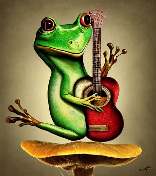 Prompt: a frog playing guitar on a hallucinogenic mushroom by nikolina petolas