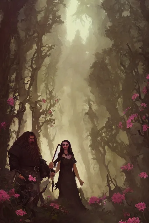 Image similar to hagrid the viking and gothic medieval morticia addams walking in enchanted forest with flowers, greg manchess painting by sargent and leyendecker, fantasy medium shot asymmetrical intricate elegant matte painting illustration hearthstone, by greg rutkowski by greg tocchini by james gilleard