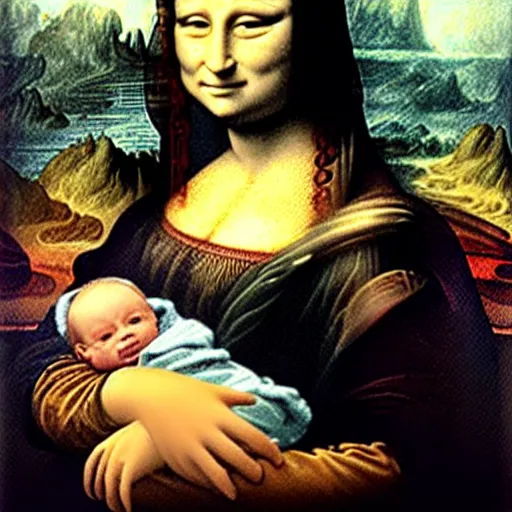 Image similar to Mona Lisa holding Baby Yoda, in the style of Leonardo da Vinci