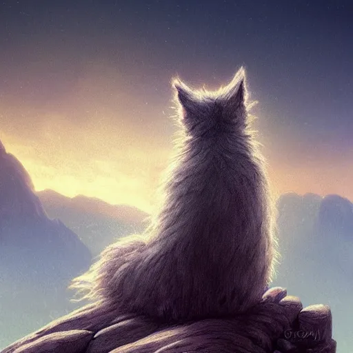 Image similar to epic portrait an lonely fluffy cat sitting alone on a mountain during sunset, back profile, digital painting, artstation, concept art, soft light, hdri, smooth, sharp focus, illustration, fantasy, intricate, elegant, highly detailed, D&D, matte painting, in the style of Greg Rutkowski and Alphonse Mucha and artemisia, 8k, highly detailed, jurgens, rutkowski, bouguereau, pastoral, rustic, georgic, detailed concept art, illustration, colorful pastel, painting, detail, ultra detailed, digital art, 4K,