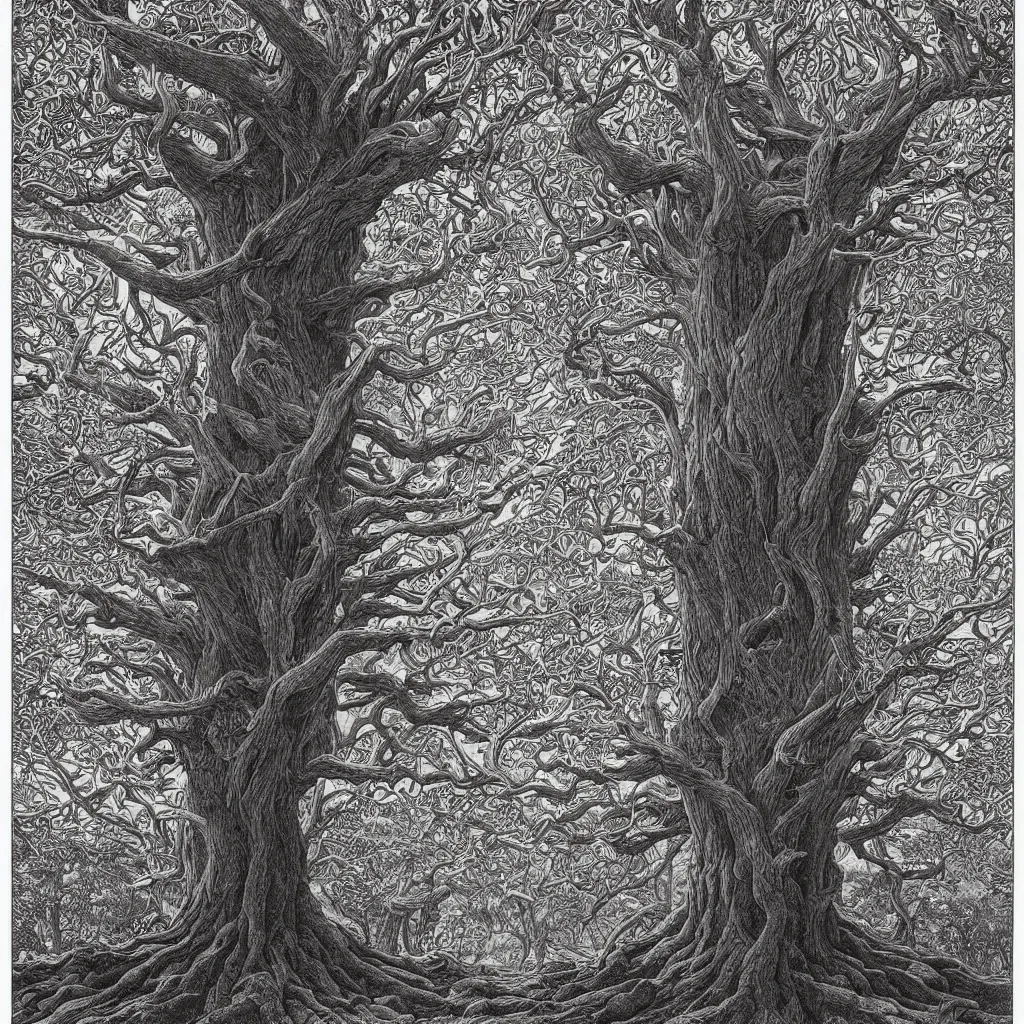 Image similar to tree of life, yggdrasil, moody lighting, by moebius, by laurie lipton