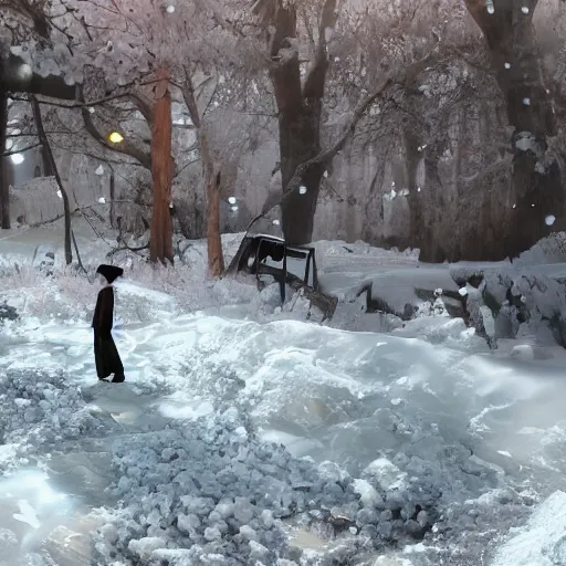 Prompt: scene of a very cute joyful 3d anime girl, wearing fluffy black scarf, long coat, black long curly hair, cat ears, snowing in the forest, medium shot, mid-shot, highly detailed, trending on Artstation, Unreal Engine 4k