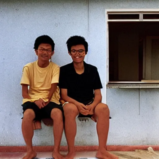 Prompt: two singaporean students in uniform sitting on the roof of a hdb flat, by moebius