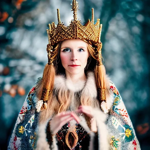 Prompt: portrait photograph of a very beautiful nordic queen with ornate cloak, bokeh, graflex camera, marcro 20mm