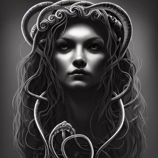 Prompt: dark portrait of medusa, crystal snakes, high detail concept art, dark fantasy, backlight, atmospheric, trending on artstation