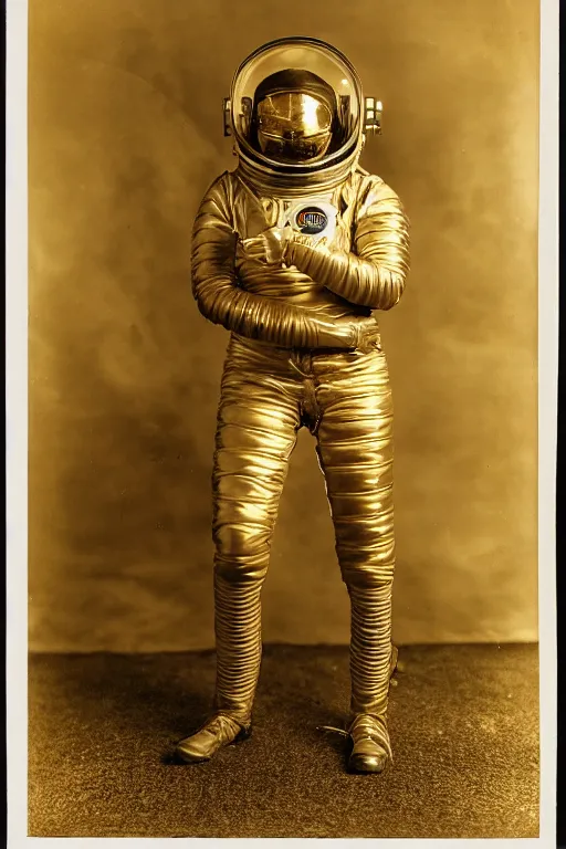 Prompt: extremely detailed studio portrait of space astronaut, tentacle coming out of mouth, helmet is off, helmet i in lap, full body, soft light, golden glow, award winning photo by james van der zee