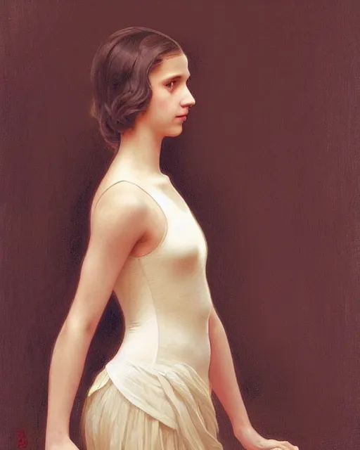 Image similar to a shadowy portrait painting of a shy, blushing 1 6 - year old alicia vikander or millie bobby brown in a leotard lit by candlelight at night, intricate, elegant, highly detailed, artstation, concept art, by krenz cushart and donato giancola and william adolph bouguereau and alphonse mucha