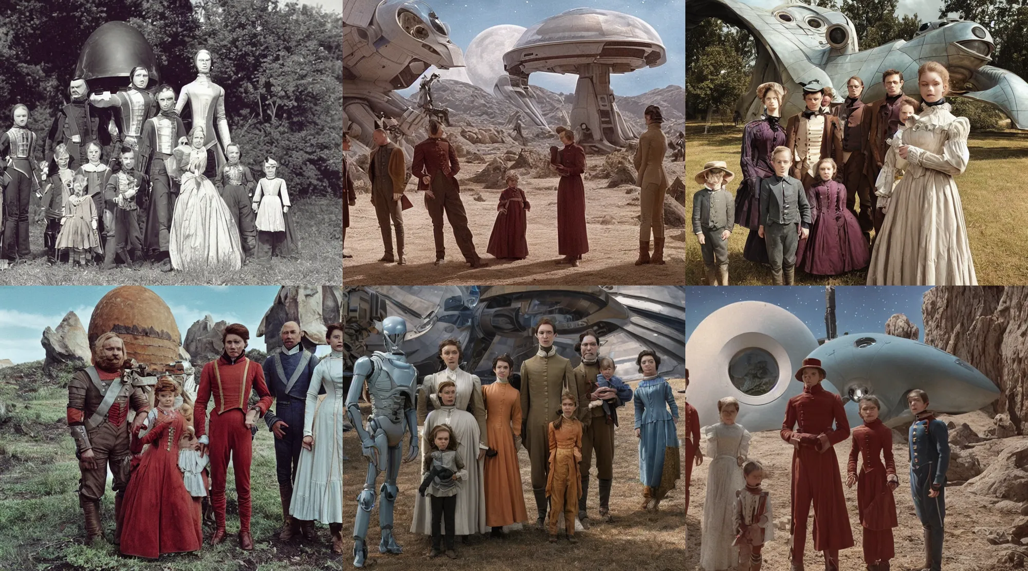 Prompt: sharp, detailed, 256k film still from a sci fi blockbuster color movie made in 2022, set in 1860, of a family standing in front of a spaceship that has just landed on an alien planet, a humanoid alien creature stands nearby, the family are all wearing 1850s era clothes, good lighting, good photography, sharp focus