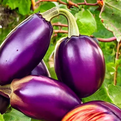 Image similar to an eggplant fruit still on the vine, a bizarre detailed red and purple glowing eggplant