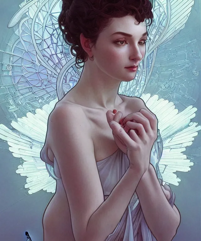 Image similar to beatiful woman looking at her self in a mirror and is seeing an angelic version of her self, dark surrealism , scifi, intricate, elegant, highly detailed, artstation, concept art, smooth, sharp focus, illustration, art by artgerm and moebius and alphonse mucha