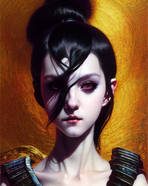 Image similar to portrait of beautiful cute young goth maiden girl with short white hairs in warhammer bikini armor, art by ( ( ( kuvshinov ilya ) ) ) and wayne barlowe and gustav klimt and artgerm and wlop