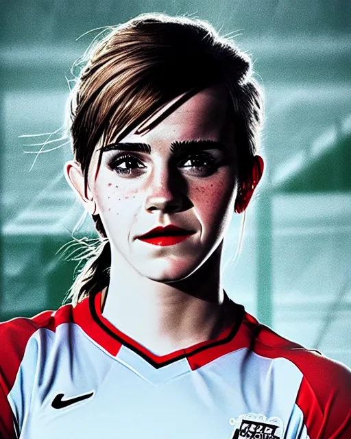 Image similar to a portrait of emma watson as a lokomotiv football player, hyper realistic