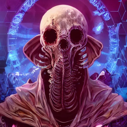 Image similar to cyberpunk undead lich ilithid mindflayer playing synthesizers, honeycomb background, D&D, laser show, highly detailed, realistic, technology and magic,