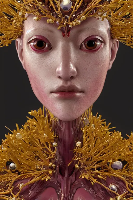 Image similar to realistic 8k stunning intricate Evangelion Siren Queen character design. Kintsugi. by Daytoner, Greg Tocchini, Yoshitaka Amano. Intricate Empress Crown made of sentient mycelium jewels and gems. subtle misty xparticles. Scattered Cherry blossoms Hyperrealism. Subsurface scattering. Directed by Denis Villeneuve. Octane Render