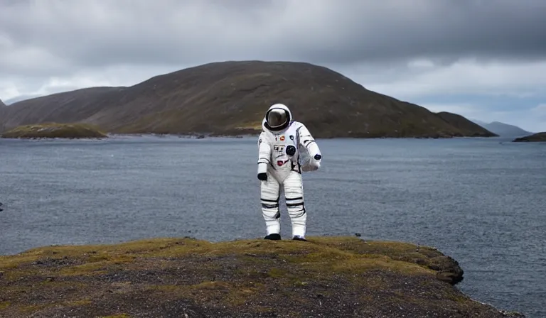 Prompt: astronaut tourist wearing futuristic space suit, standing in the Isle of Harris, Scotland, a futuristic spaceship in the background, wide angle lens, photorealistic