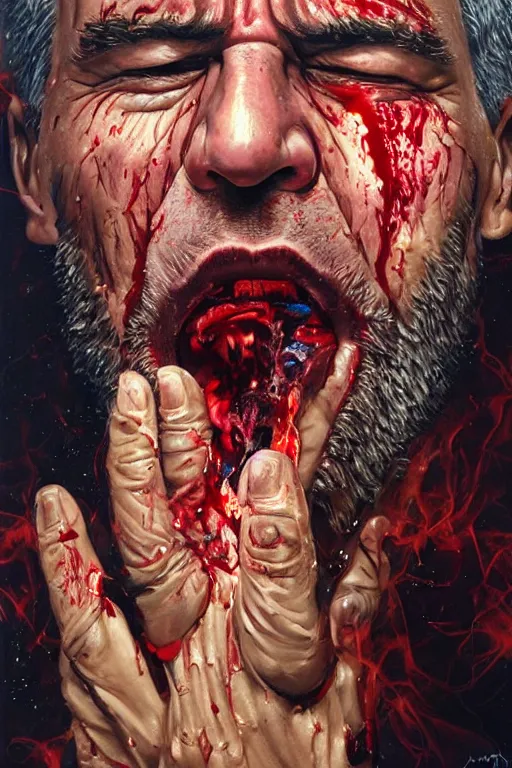 Prompt: uhd hyperrealistic photorealisitc hyperdetailed detailed jeffery epstein puking blood, screaming, with sparking circuits, studio lighting, by ayami kojima amano karol bak, greg hildebrandt and mark brooks