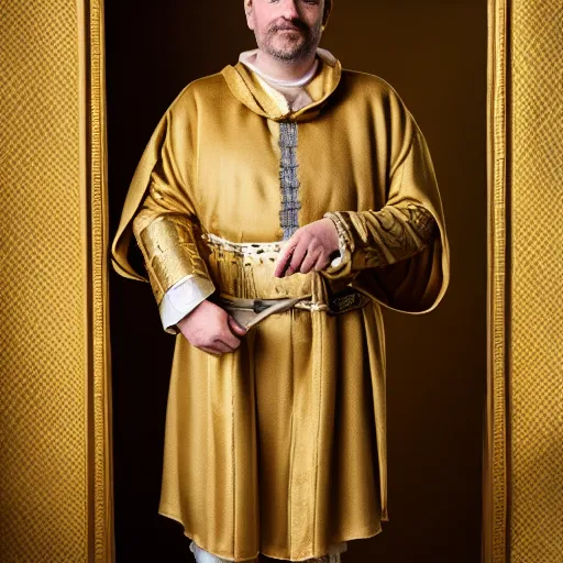 Image similar to richard iv the roman king, real human wearing golden cashmere pyjama, soft studio lighting, sigma lens photo,